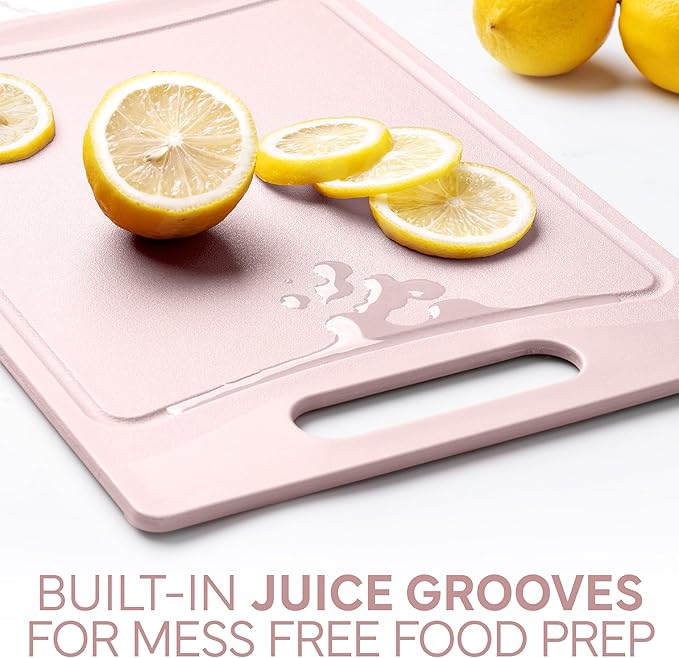 COOK WITH COLOR Non-Slip Cutting Board Set – Kitchen Essentials with Easy Grip Handle for Meat, Veggies, and Fruits, 4 Cutting Boards, Pink
