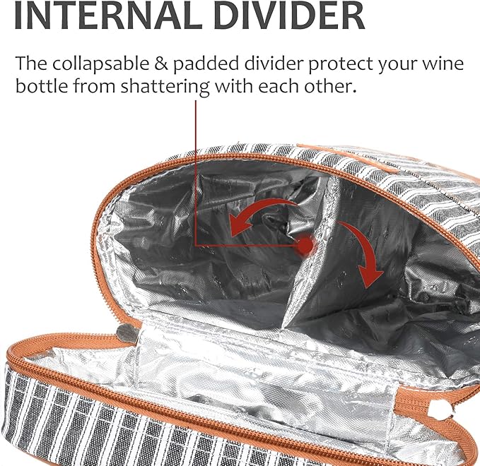 Tirrinia 2 Bottle Wine Gift Tote Carrier - Leakproof & Insulated Padded Versatile Wine Cooler Bag for Travel, BYOB Restaurant, Wine Tasting, Party, Dinner,Gift for Wine Lovers, Black Stripe