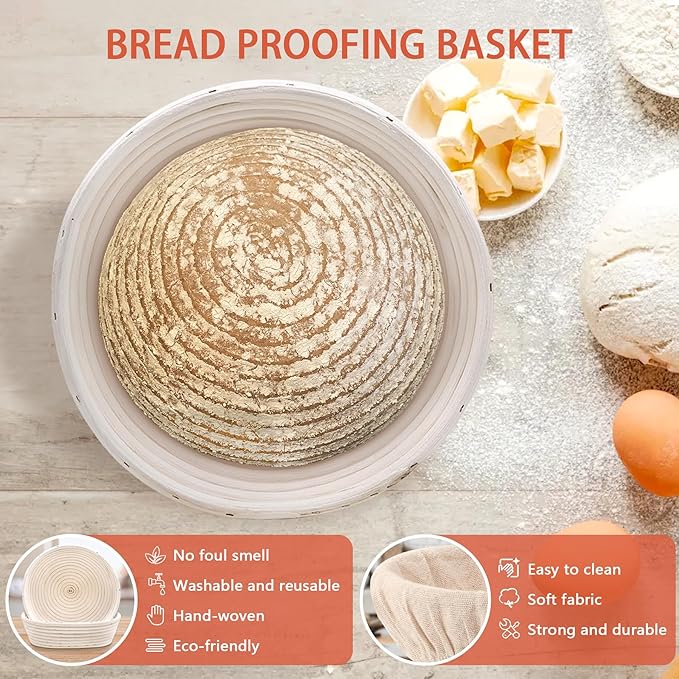 Sourdough Bread Baking Supplies, Sourdough Starter Kit for Bread Making Includes 10" Round & Oval Banneton Bread Proofing Basket with Liners Sourdough Kit for Making Baking Fermentation