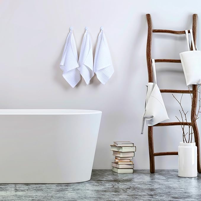 PÜSKÜL Organic Waffle Hand & Kitchen Towel 100% Turkish Cotton Set of 3 White - Premium Hotel Quality, Soft, Quick-Dry, Absorbent, Lint-Free Hand Towels 32X16 Inches (3, White)