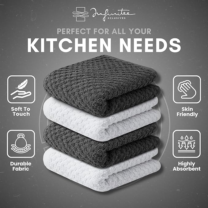 Infinitee Xclusives Premium Dish Cloth 100% Cotton 12 x 12 Inches |Pack of 4| - Ultra Soft Tea Towels - Highly Absorbent Kitchen Rags - Terry Dishcloth for Kitchen and Household Cleaning |Grey|