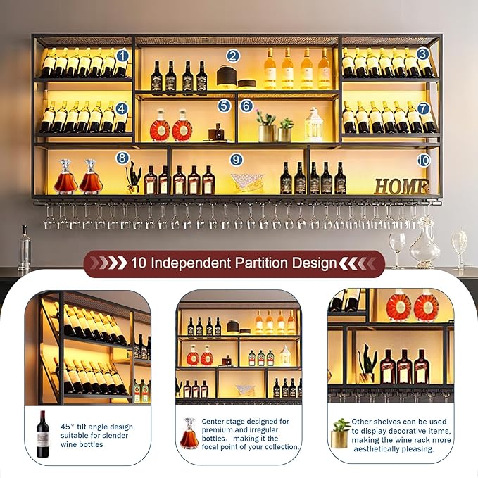 3 Tier Wall Mounted Metal Wine Rack, Modern Industrial Liquor Bottle Display Shelves, Large Bar Shelf with Wine Glass Rack, Black, for Home Kitchen, Dining and Bar (79 in)