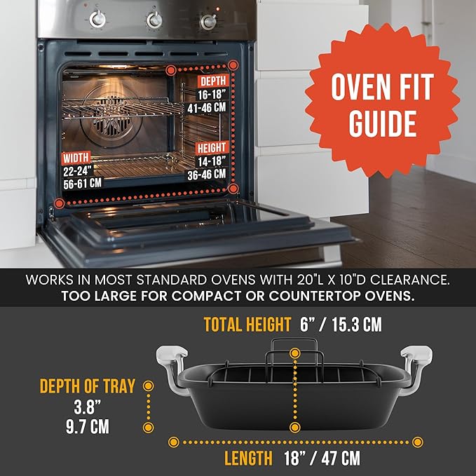 Chef Pomodoro Deluxe Large Carbon Steel Roasting Pan with U-Rack, 18.5 x 14.5-In (47 x 37 cm), Extra-Large, Grey – The Ultimate Solution for Flawless Roasts, BBQs, and Oven-to-Table Entertaining