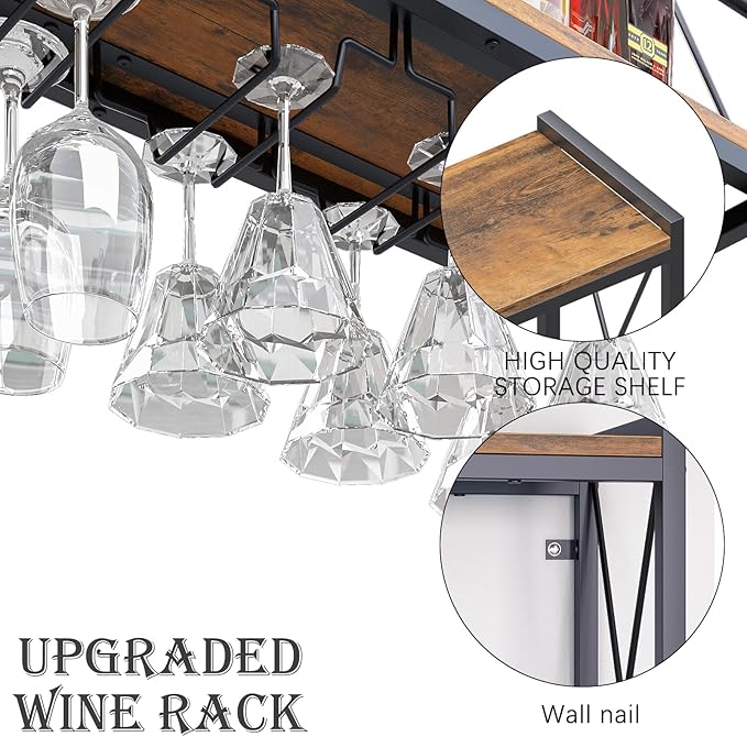 Dokser Wine Rack Wall Mounted Shelf - 2 Tier, Rustic Wood & Industrial Iron Frame Wine Bottle Holder for Kitchen, Dining Room, Home Bar Decor (Brown)