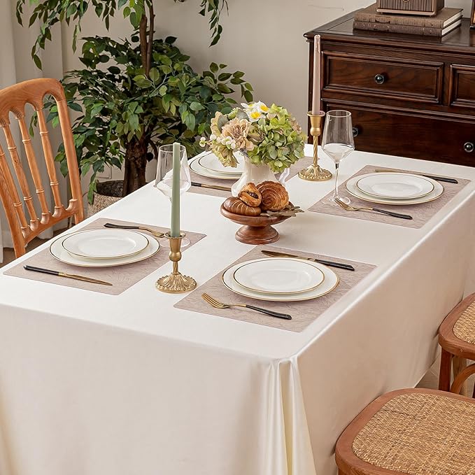 Romanstile Vinyl Placemats Set of 6-12 X 18 Inch - Heat Resistant Non-Slip Embossed Floral Place Mats 100% Waterproof Oilproof Wipeable Faux Leather Table Mats for Kitchen/Dining/Party, Khaki