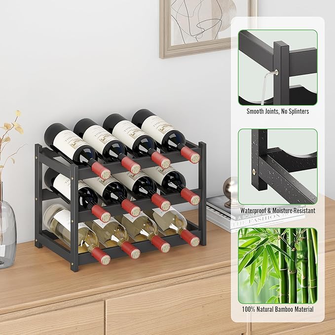Wine Rack Countertop for 12 Wine Bottles and 4 Glass Holder, Small Bamboo Free Standing Racks Tabletop Display, Wooden Wine Storage Organizer for Cabinet Pantry Kitchen Bar Home Dining Room (Black)