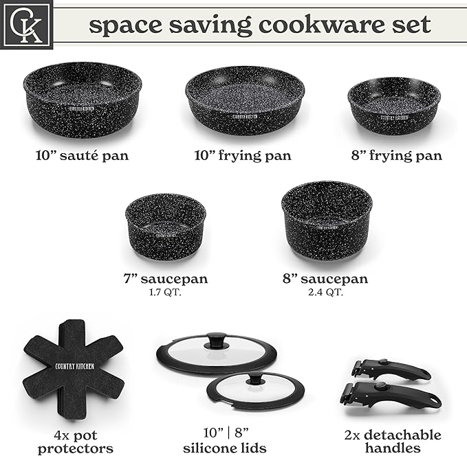 Country Kitchen Cookware Set with Removable Handle, Oven & RV Safe Pots and Pans Set, Black, Original