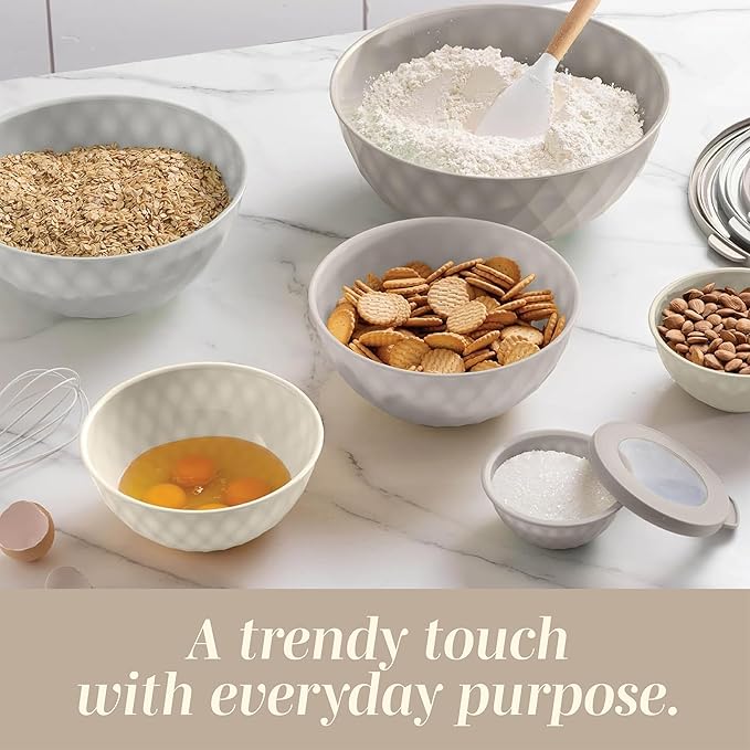 COOK WITH COLOR Mixing Bowls with Lids - 12 Piece Plastic Nesting Bowls Set includes 6 Prep Bowls and 6 Lids, Diamond Design - Microwave Safe, Brown