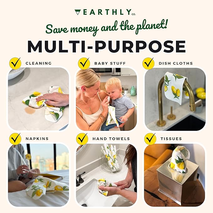 Reusable Paper Towels - 10 Pack - Roll of Washable Cotton Cloth Paper Towels - Paperless Reusable Napkins Cloth Washable - Absorbent + Long Lasting - Zero Waste Products - (Lemon)
