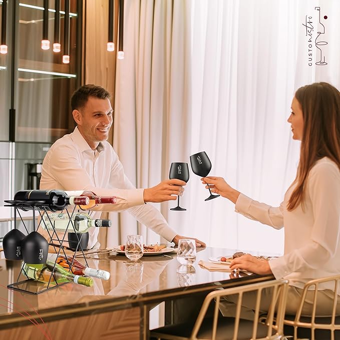 Gusto Nostro Small Wine Racks Countertop Storage for 8 Bottles & 4 Glasses - Countertop Wine Rack with Glass Holder, Modern Tabletop Black Wine Rack, Wine Holder Stand for Kitchen Cabinet Wine Cellar