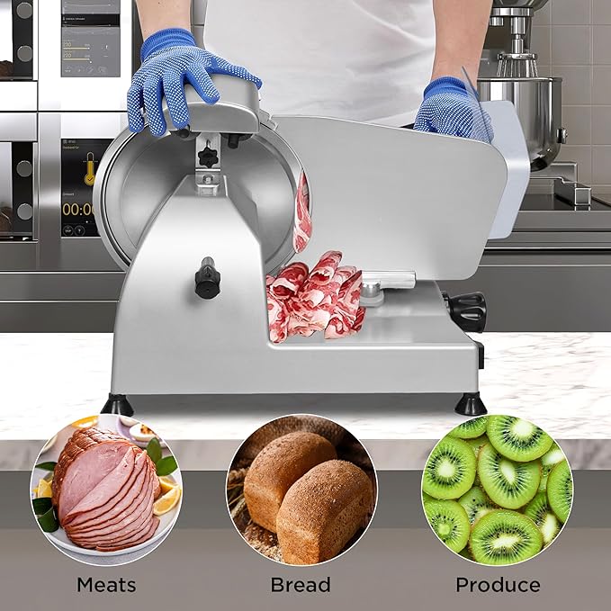 10" Commercial Meat Slicer, 340W, Electric Deli Slicer with Adjustable Thickness, Stainless Steel Blade, Built-in Sharpener, Removable Blade for Easy Cleaning
