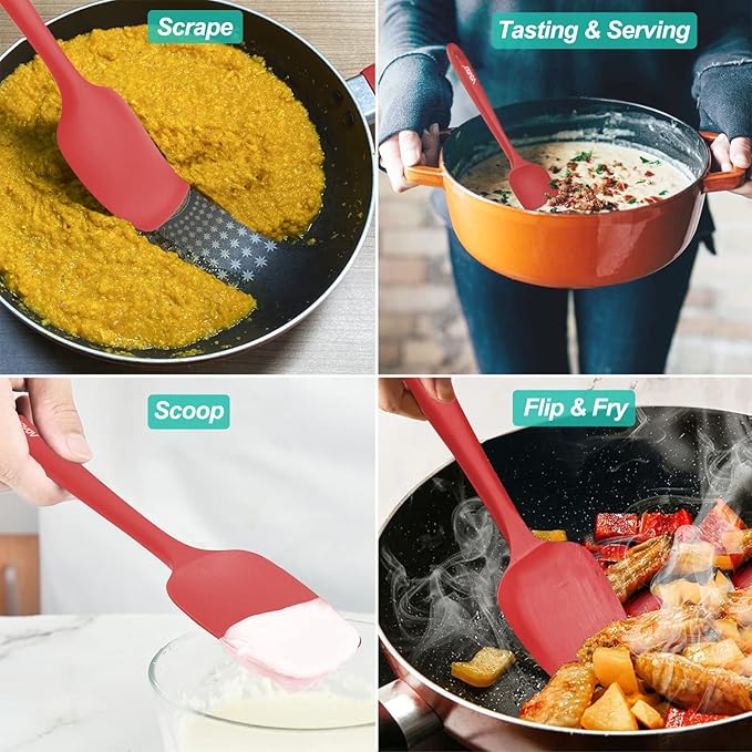 Silicone Spatula Set, High Heat Resistan Rubber Spoon Spatula, Non-Stick Spoonula with Seamless One Piece Design, Flexible Scrapers Baking Mixing Tool,3 Pack,Red