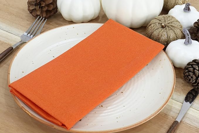 PurpleEssences Set of 6 Cloth Dinner Napkins 100% Cotton 18x18 Inch - Soft Durable Washable - Ideal for Farmhouse Party Christmas Holiday Winter - Perfect Everyday Use Table Linen - Orange