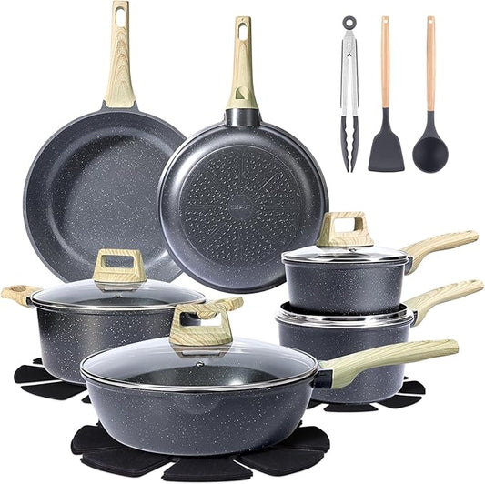GiPP Ceramic Nonstick Pots and Pans Set - 18 Pcs Non Stick Cookware Set, Non-toxic Healthy Kitchen Cooking Set w/Frying Pans Set, Dishwasher Safe, PFAS PTFE PFOA PFOS Free