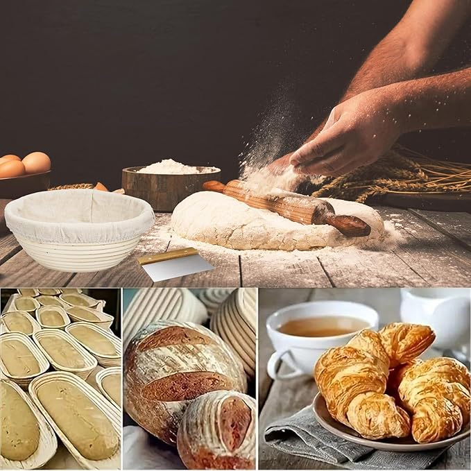Sourdough Bread Baking Supplies, 9 Inch Round Bread Banneton Proofing Basket & 10 Inch Oval Proofing Basket with Liner Sourdough Starter Kit for Making Baking Fermentation