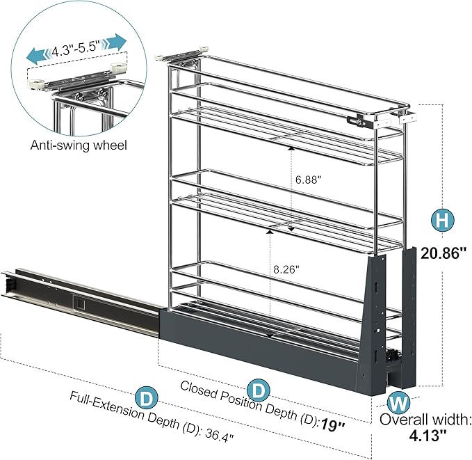Pull Out Spice Rack for Narrow Cabinet (4⅛" W X 19⅔" D), Heavy Duty 3 Tier narrow PullOut Cabinet Organizer and Slide Out Shelves for inside Base Cabinets, Filler Pantry Storage