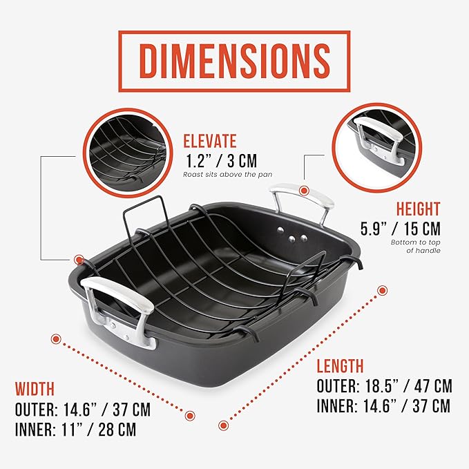 Chef Pomodoro Deluxe Large Carbon Steel Roasting Pan with U-Rack, 18.5 x 14.5-In (47 x 37 cm), Extra-Large, Grey – The Ultimate Solution for Flawless Roasts, BBQs, and Oven-to-Table Entertaining