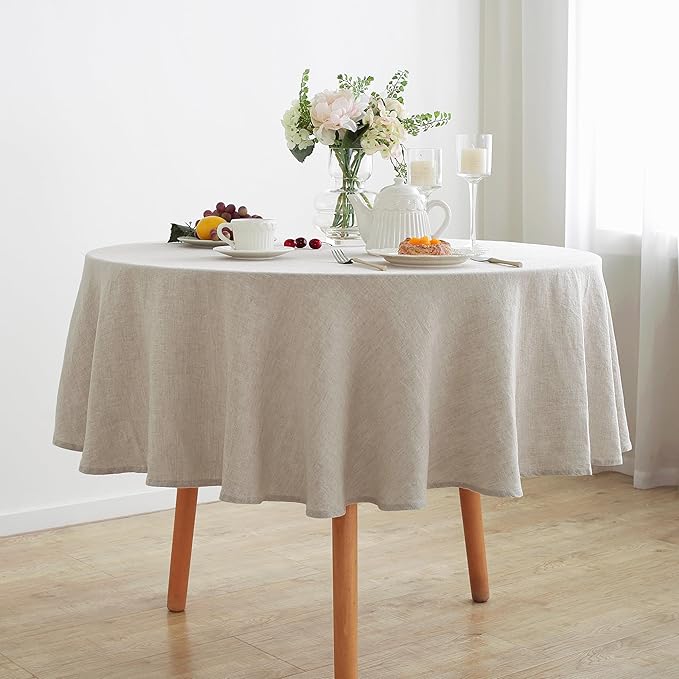 Linen World Linen Tablecloth, 100% French Linen Round Tablecloth 60" Inch, Washable Natural Tablecloth for Dining, Outdoor, Weddings and Restaurants, Decorative Valentine Easter