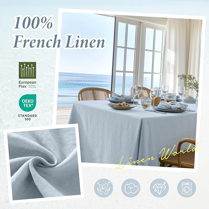 Linen World Blue Linen Tablecloth - 100% French Linen Table Cloth 120" x 60" Inch,Washable Rectangular Tablecloth for Dining,Outdoor,Weddings and Restaurants,Decorative Valentine Easter - Mist Blue