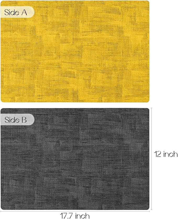 Romanstile Reversible Vinyl Placemats Set of 4, Faux Leather 100% Waterproof Oil-Proof Wipeable Place Mats, Heat Resistant Dual Sided Table Mats for Kitchen/Dining/Party (Grey Yellow, 12 x 17 Inch)
