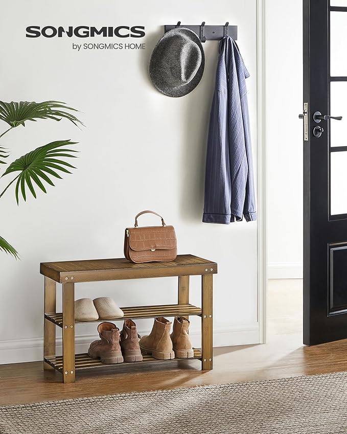 SONGMICS Shoe Rack Bench, 3-Tier Bamboo Shoe Storage Organizer, Entryway Bench, Holds Up to 286 lb, 11.3 x 27.6 x 17.8 Inches, for Entryway Bathroom Bedroom, Yellow Brown ULBS04WL