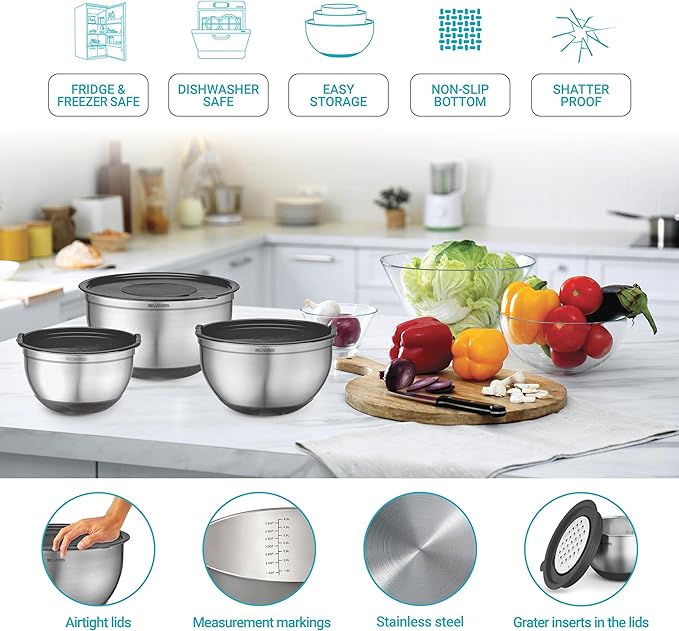 Mixing Bowls with Airtight Lids - 8PCS Stainless Steel Nesting Mixing Bowls Set with 3 Grater Attachments & Non-Slip Bottoms, Black Kitchen Bowls, Sizes 5, 4, 3.5, 2, 1.5QT for Baking & Kitchen Gift