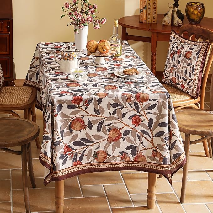 patdrea Designer Small Brown Tablecloth for Square Tables,Framhouse Linen Pomegranates Leaves Pattern Linen Tablecloth,Fall Fruits Table Cover Cloth Decor for Kitchen Dining Christmas,55"*55"