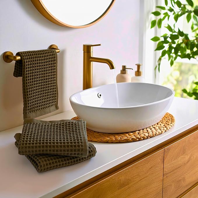 PÜSKÜL Organic Waffle Kitchen Towel 100% Turkish Cotton Set of 3 Khakie Green - Premium Quality, Soft, Quick-Dry, Absorbent, Lint-Free Hand Towels 32X16 Inches (3, Khaki Green)