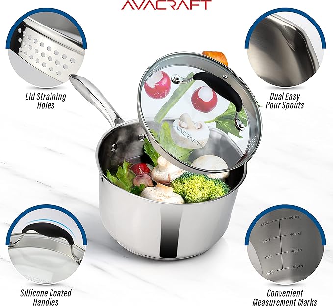 AVACRAFT Stainless Steel Saucepan with Glass Strainer Lid, Two Side Spouts for Easy Pour with Ergonomic Handle, Multipurpose Sauce Pot (5-Ply Capsule Bottom, 2.5 Quart)
