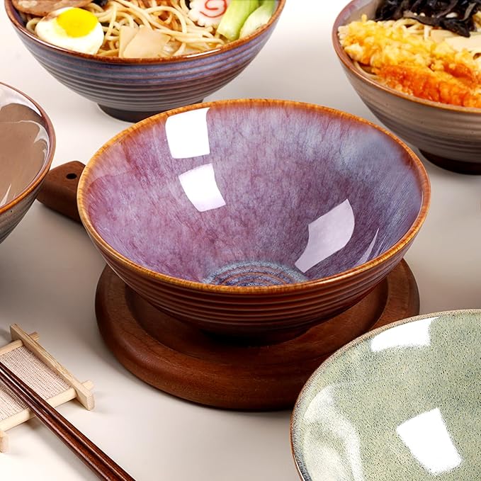 NUTRIUPS 8 Inch Ceramic Ramen Bowl Set of 2 Pho Bowls 40oz Japanese Noodle Udon Soup Bowls with Spoons and Chopsticks (Lavender)