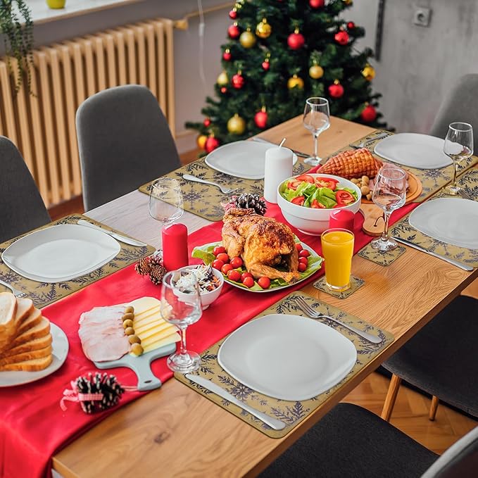 Le courant 16.9in 6PACK Christmas Blue Snowflake Placemats with 6 Coasters, Reversible Faux Leather Easy Clean Waterproof Stain Resistant Place Mats, for Home Party Dining Holiday Table Decor