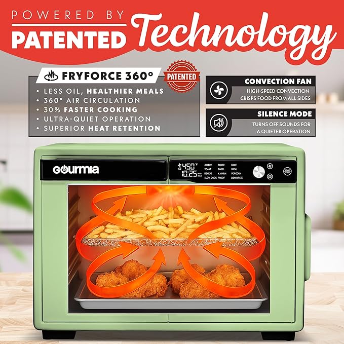 Gourmia French Door Digital Air Fryer Oven - XL 37QT Capacity, 12 Presets, FryForce 360° Tech, Dehydrate, Proof, Slow Cook, Fits 13” Pizza, 1700W, Green