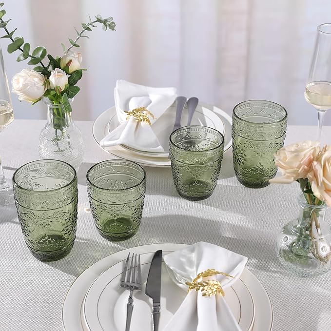 14OZ Drinking Glasses Set of 4, Green Drinking Glasses, Colored Glassware Drinking, Highball Beverage Glasses Cup, Vintage Glassware Set for Water, Juice, Cocktail, Coffee