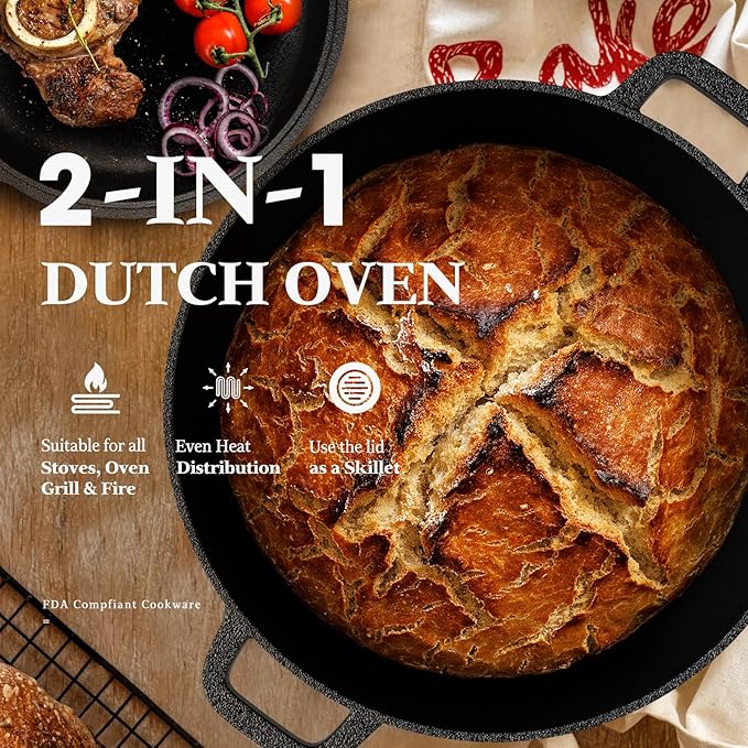 Cast Iron Dutch Oven for Bread Baking, 5QT Cast Iron Bread Pan with Lid, Sourdough Baking Supplies Tools like Banneton Proofing Basket, Bread Dutch Oven