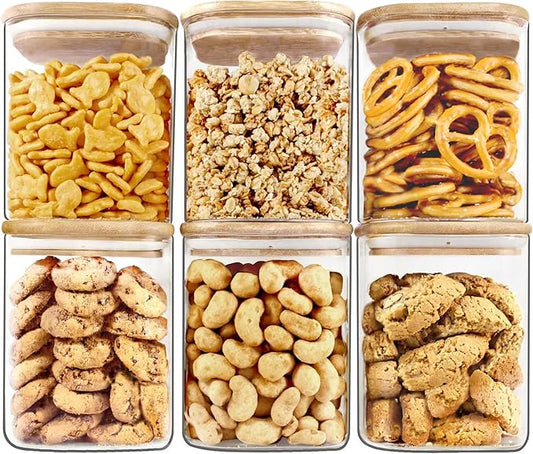 Urban Green Glass Jars with Bamboo Lids, Square Glass Jar with airtight lids, 6 pack of 28oz, Food Storage Containers with bamboo lids, Panty Jars