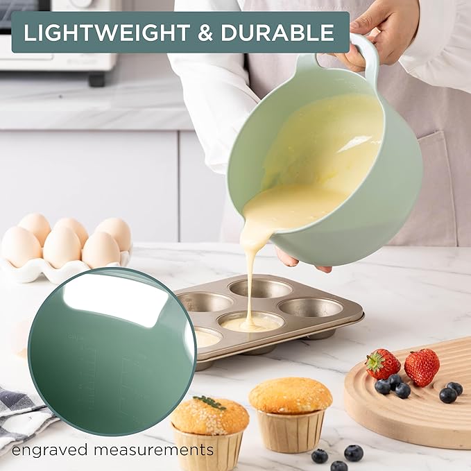 COOK WITH COLOR Nesting Plastic Mixing Bowl Set with Pour Spouts and Handles, Ombre Mint, 4 Piece Non-Slip