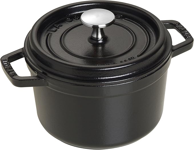 STAUB Cast Iron Dutch Oven 1.25-qt Round Cocotte, Made in France, Serves 1, Matte Black