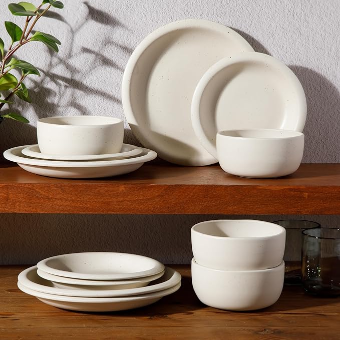 Bloomhouse - Two Time Oprah's Favorite Things Winner - Corsica Clay 12 Piece Stoneware Rustic Reactive Glaze Dinnerware Set - Stackable Plates and Bowls Set. Service for 4 - Matte Sea Salt White