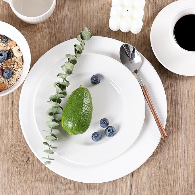 16 Pcs White Dinnerware Sets for 4, Ceramic Plates and Bowls Sets with Mugs, Dishwasher and Microwave Safe - Embossed Stripe Decro, Elegant Kitchen Dish Sets, QOMO-1996