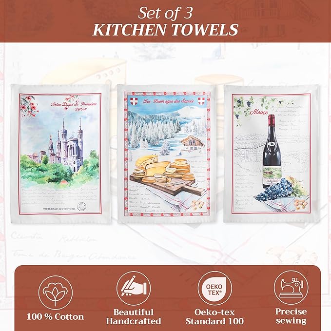 Maison d' Hermine Kitchen Towels Set of 3 100% Cotton 27.50" x 20" Reusable Cloth Tea Dish Towels Absorbent with Hanging Loop for Kitchen, Home, Dining, Cocktail Parties Spring/Summer (Obernai)