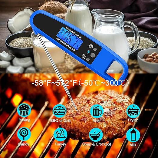 Instant Read Meat Thermometer for Kitchen Cooking, Ultra Fast Precise Waterproof Digital Food Thermometer with Backlight, Magnet and Foldable Probe for Deep Fry, Outdoor BBQ, Grill(Blue)