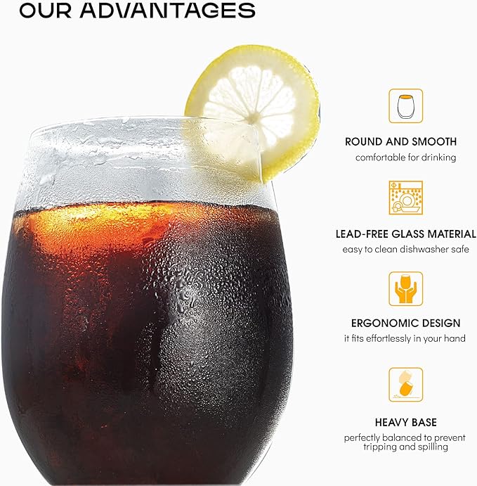 Set Of 8 Stemless Wine Glasses,Hand Blown Red Wine Glasses,Crystal Drinking Glasses Clear Glass Wine Tumbler,18.5oz