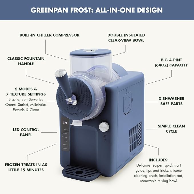 GreenPan Frost Ice Cream Machine & Frozen Drink Maker, Soft Serve, Slushie, Sorbet, Milkshakes & Cocktails, No Freezer Needed, 15-in-1, 7 Textures, Quiet & Rapid, Easy Clean, Family Size, Berry Blue