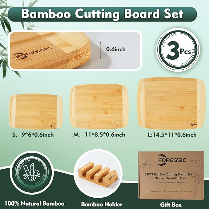 Bamboo Cutting Board Set 3 Packs with Non Slip Feet Holder and Over Sink Nice Solid Thick Durable Wood Cutting Boards for Kitchen Extra Large Big Small Vegetables and Fruits Kitchen Gifts