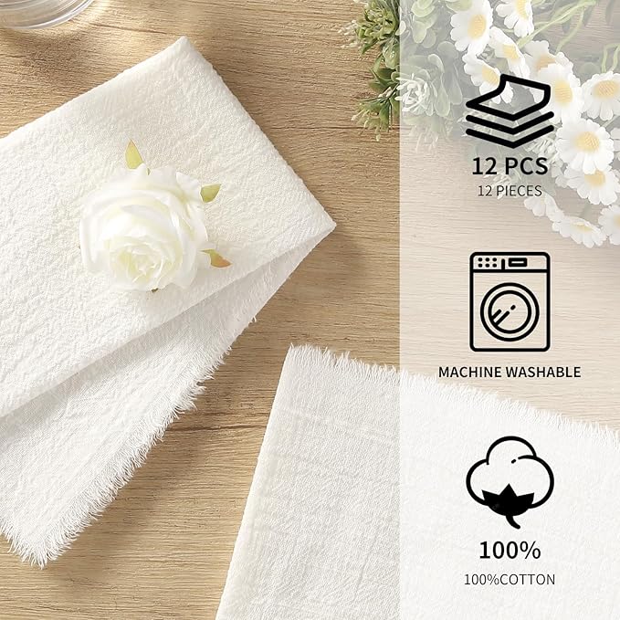 Handmade Cloth Napkins with Fringe, 100% Cotton Napkins, Delicate Handmade Linen Napkins for Dinners, Parties, Weddings and More, 17 x 17 Inch Set of 12 - White