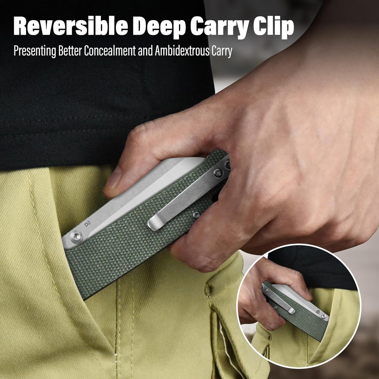 QSP Penguin V2 Folding Pocket Knife, 3.06" D2 Two Tone Finish Stonewash Satin Blade EDC Knife, Green Micarta Handle, Liner Lock, Ceramic Ball Bearings, Reversible SS Deep Carry Clip