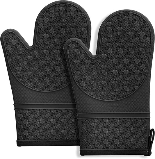 Hovico Silicone Oven Mitts, Heat Resistant 500F Kitchen Mitts 2PCS, 11.6" BPA-Free Soft Baking Gloves, Non-Slip Grip Oven Gloves with Soft Cotton Lining for Kitchen Cooking Baking BBQ - Black