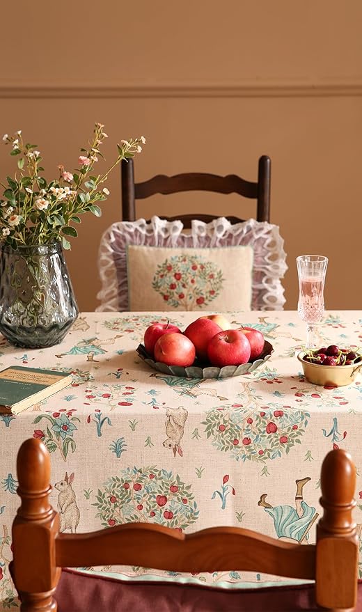 patdrea Designer Beige Tablecloth for Rectangle Tables,Vintage Elegant French Linen with Trees and Kids Pattern Table Cloth,Farmhouse Table Cover Cloth Decor for Kitchen Dining Christmas,55"*71"