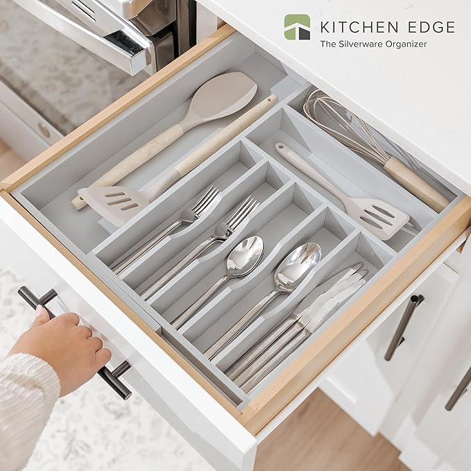 KitchenEdge Premium Silverware, Flatware and Utensil Organizer for Kitchen Drawers, Food-Safe Contract Grade, Expandable from 10.5 to 19 In, Gray Bamboo