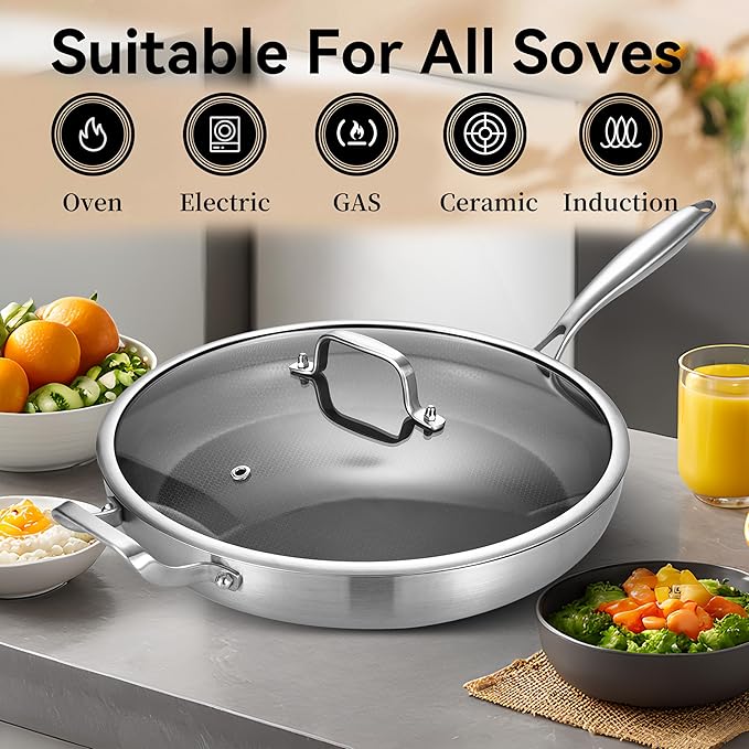 13-Inch Nonstick Hybrid Frying Pan with Lid, Ceramic Coated Tri-Ply Stainless Steel Induction Chef's Pan, Large Skillet, PFOA Free, Oven & Dishwasher Safe for All Stoves, Detachable Handle